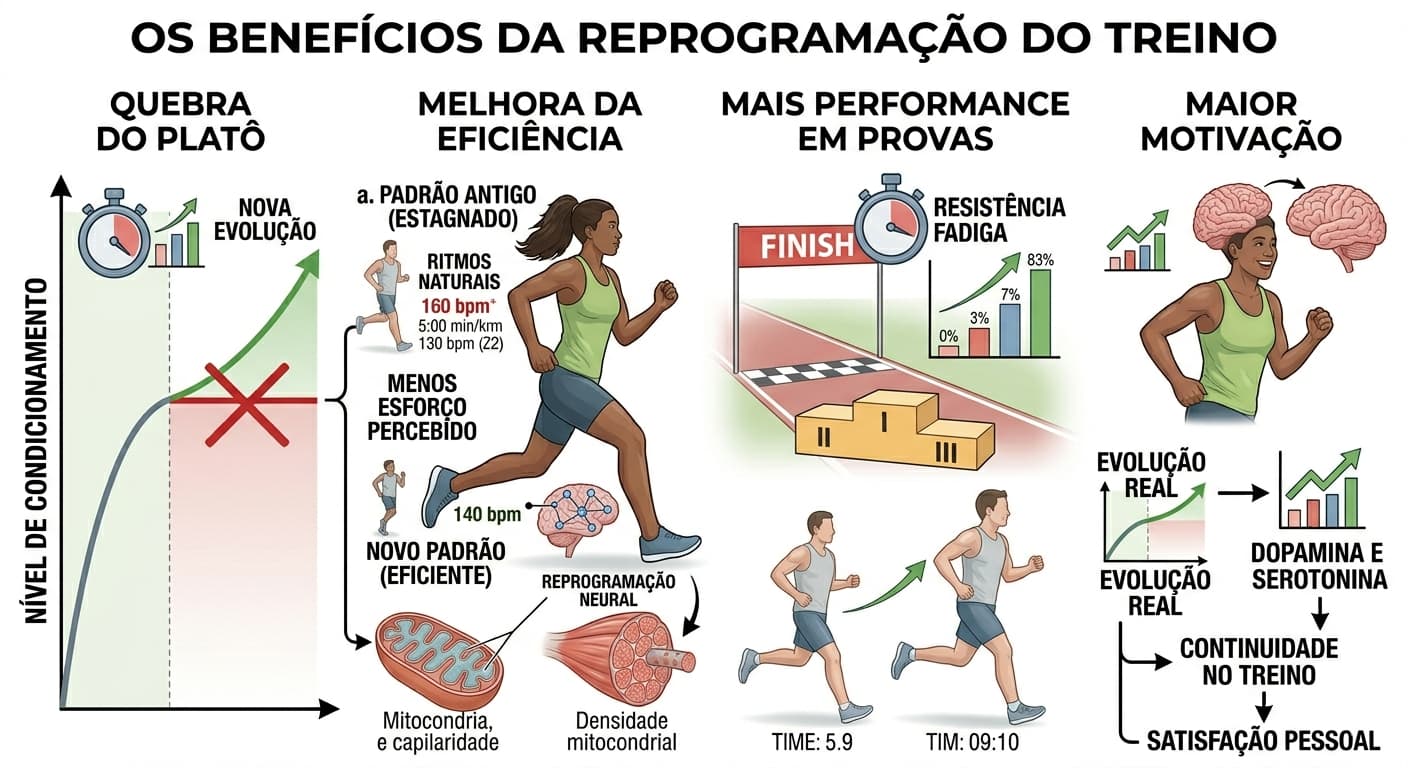 Gráfico explicativo sobre os ganhos da variação de estímulos na corrida, destacando a melhora da eficiência cardiovascular, quebra do platô, aumento da motivação e tempos melhores em provas.