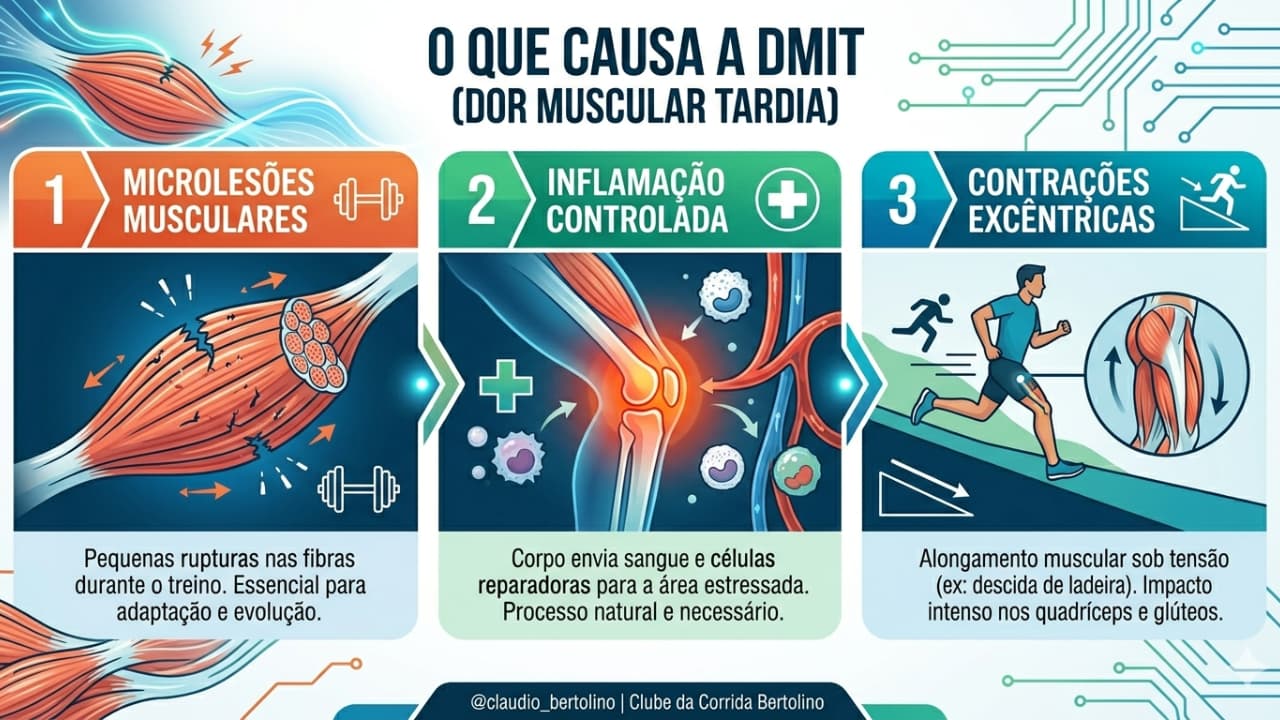Infográfico das causas da dor muscular tardia: microlesões, inflamações e contração excêntrica.