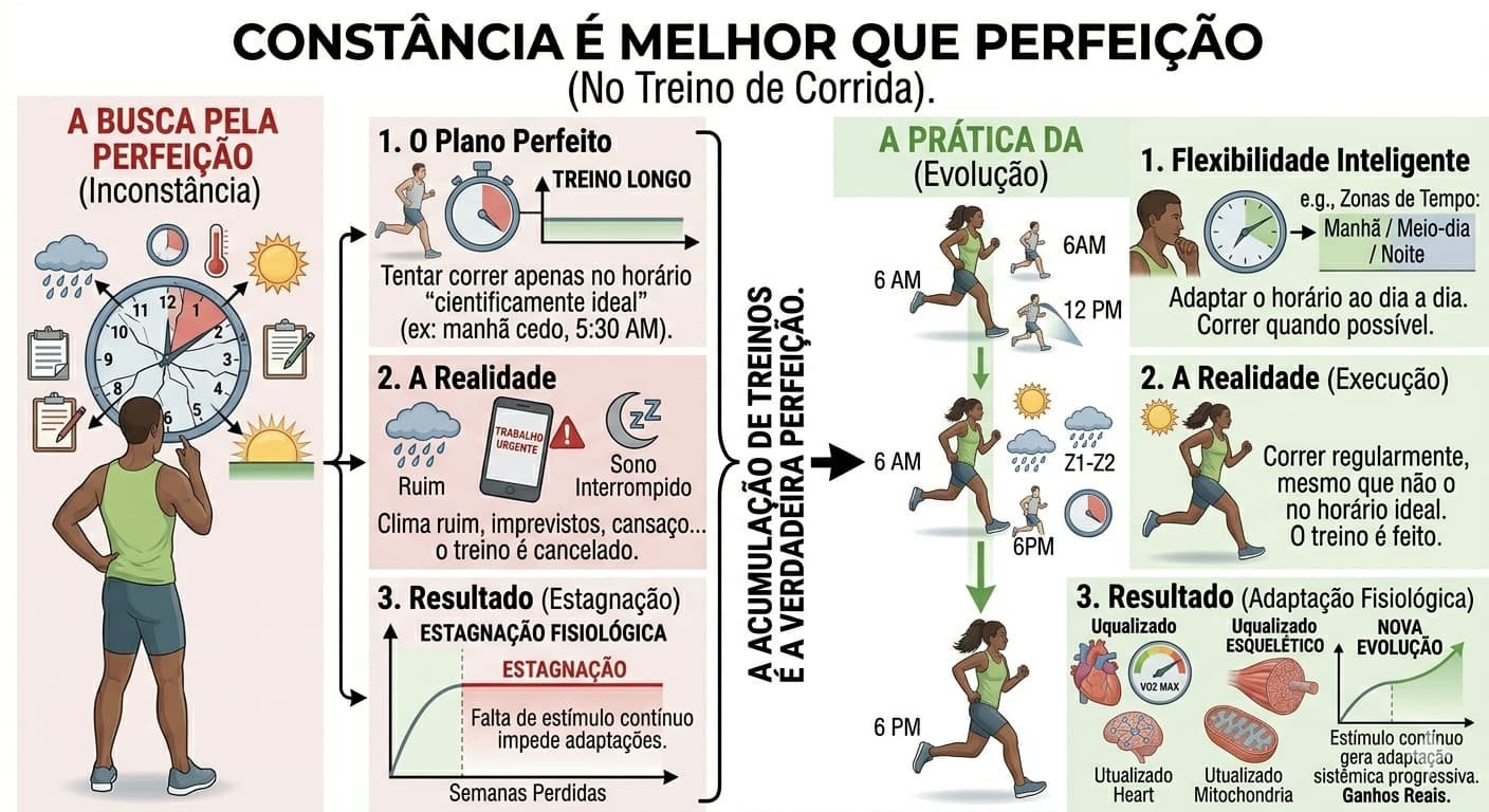 Infográfico comparativo mostrando que manter a regularidade nos treinos (constância), mesmo em horários variados, gera mais resultados fisiológicos do que buscar o horário perfeito e acabar não treinando.