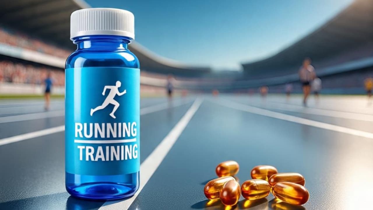 frasco de remédio com a palavra running training simbolizando corrida como medicina preventiva