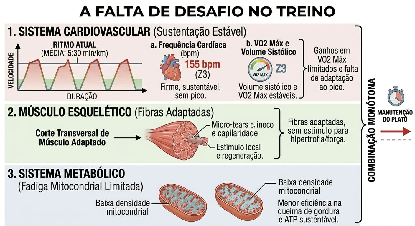 Diagrama detalhado mostrando o impacto negativo de treinos sem intensidade: coração sem desafio de bombeamento, fibras musculares sem recrutamento de força e metabolismo com baixa densidade mitocondrial.