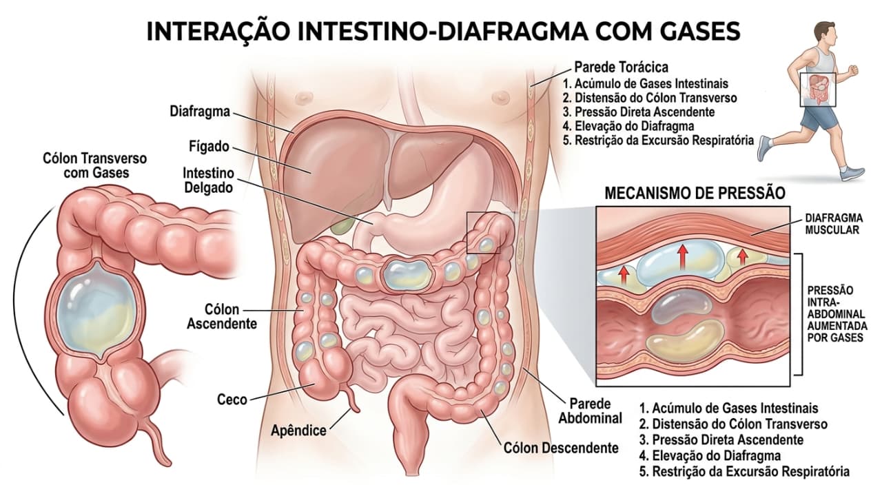 Ilustração de gases intestinais pressionando o diafragma e causando dor abdominal na corrida