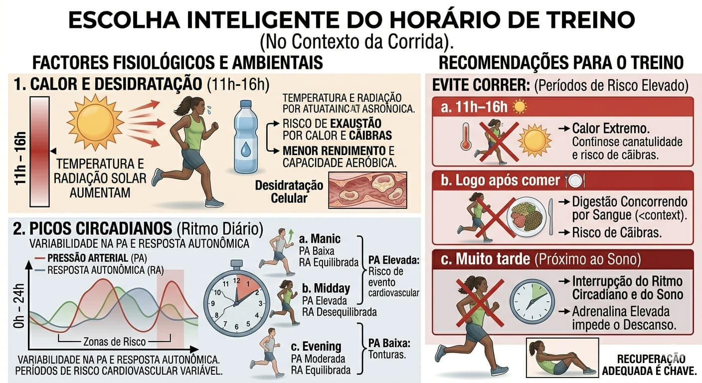 Infográfico didático detalhando os riscos de correr sob calor extremo (11h-16h), os perigos de treinar logo após comer e o impacto de treinos muito tardios no ritmo circadiano.