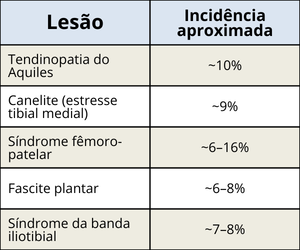 Quadro dos índices das lesões típicas dos corredores