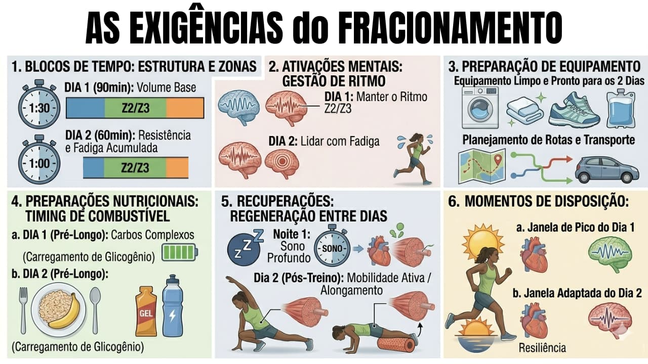Infográfico detalhado sobre as exigências fisiológicas e de planejamento ao fracionar o treino longo de corrida. Destaca a adaptação mental, os blocos de tempo, a logística, a nutrição, a recuperação.