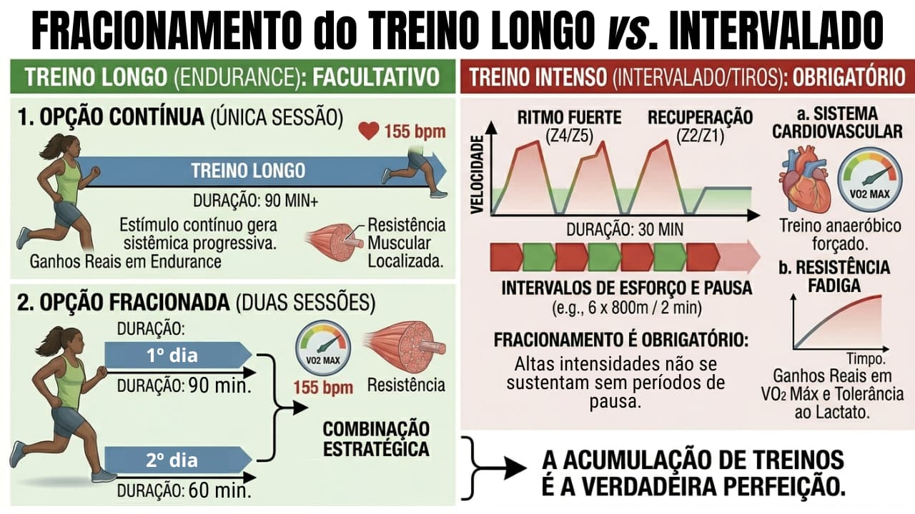 Infográfico comparativo entre o fracionamento em treinos longos e o fracionamento em treinos intervalados de intensidade. Mostra os diferentes estímulos fisiológicos de cada tipo de treino.