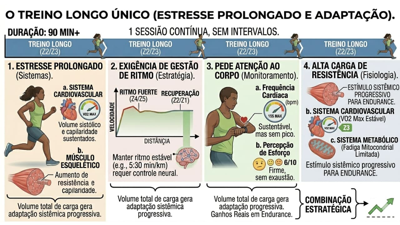 Infográfico explicativo mostrando os benefícios do treino longo único e contínuo. Foca no estresse fisiológico prolongado, a gestão de ritmo, a atenção ao corpo e a alta carga de resistência, gerando adaptações metabólicas e cardiovasculares.