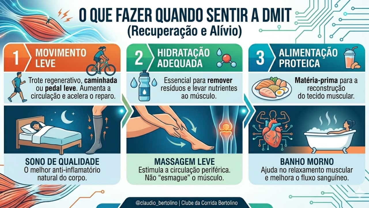 Infográfico sobre o que fazer quando sentir a dor muscular tardia.