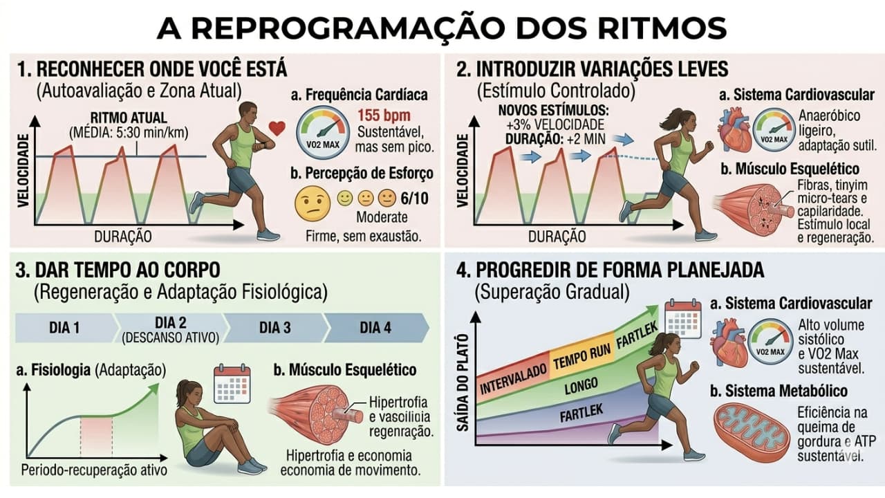 Infográfico em quatro quadrantes ensinando como reprogramar os ritmos de treino: autoavaliação inicial, introdução de variações leves, tempo de recuperação para o corpo e progressão planejada.