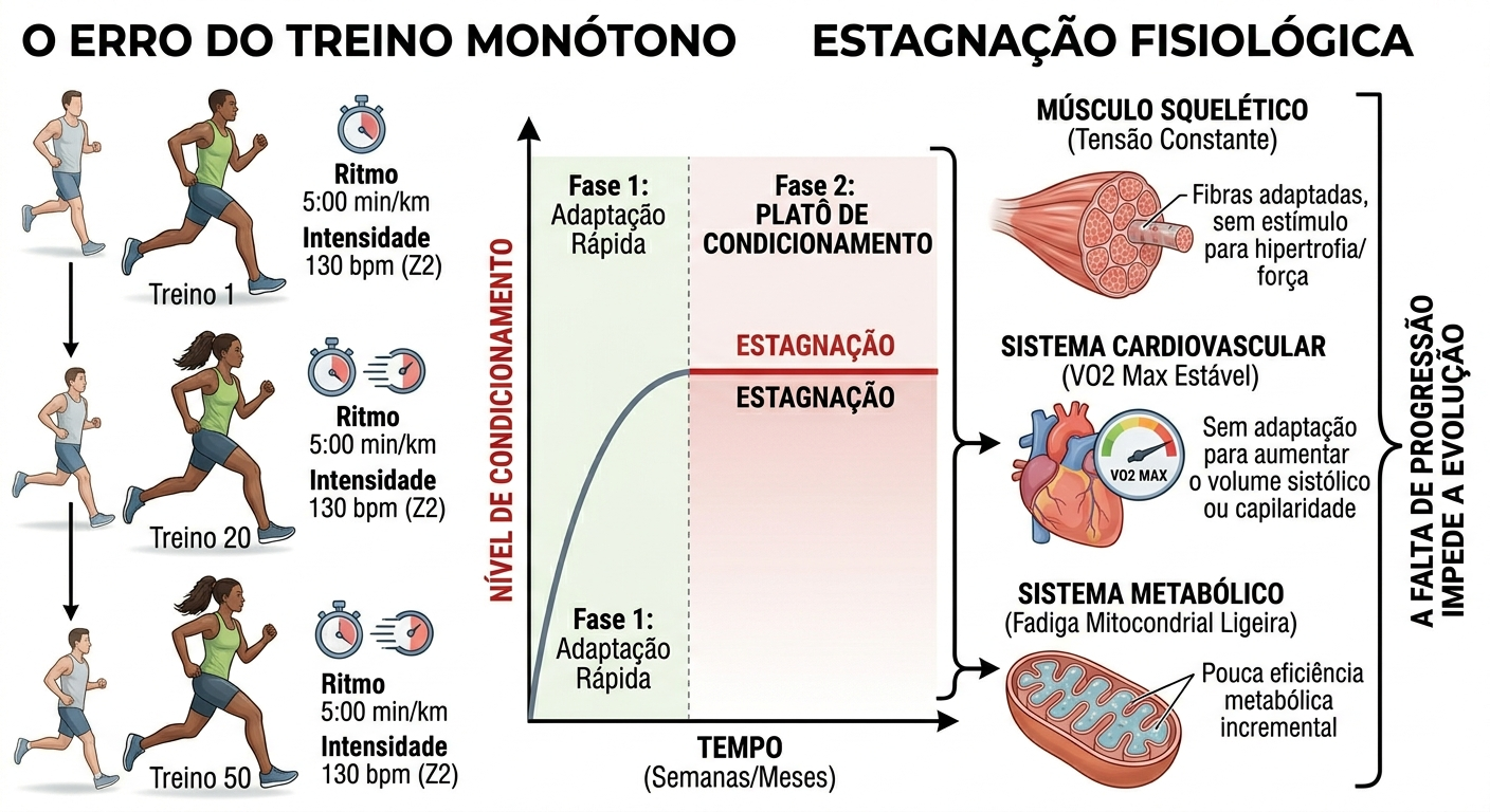 Infográfico didático mostrando um corredor estagnado em um platô de desempenho devido a treinos repetitivos, com gráficos de frequência cardíaca estável e falta de adaptação muscular e mitocondrial.