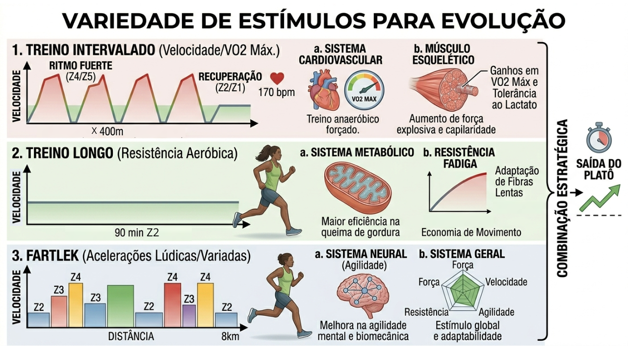 Ilustração comparativa entre treino intervalado, treino longo e fartlek, mostrando como cada um atua em diferentes sistemas: cardiovascular (VO2 Máx), metabólico (queima de gordura) e neural (agilidade).