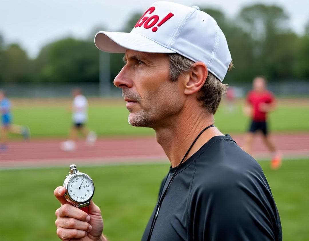 Treinador de corrida com cronômetro observando o treino na pista com foco no planejamento esportivo