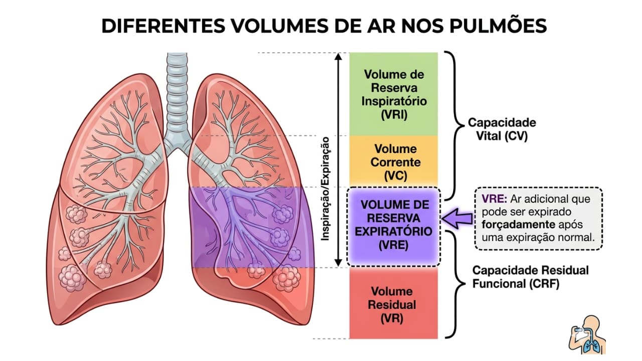Diagrama dos pulmões destacando o volume de reserva expiratório e sua relação com a respiração na corrida