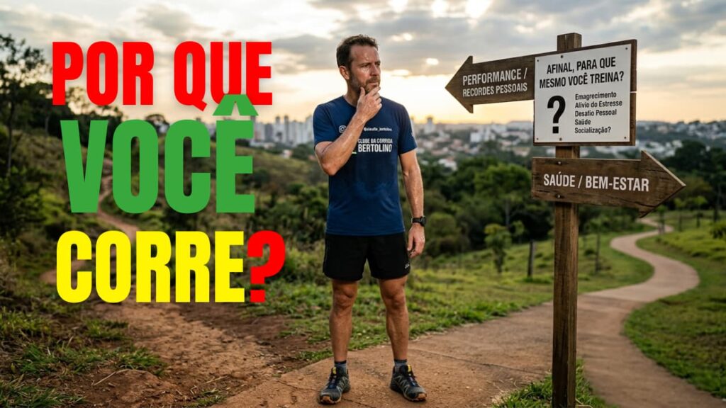 Imagem de um corredor em uma bifurcação de trilha, expressando dúvida entre placas que indicam "Performance/Recordes Pessoais" e "Saúde/Bem-estar".