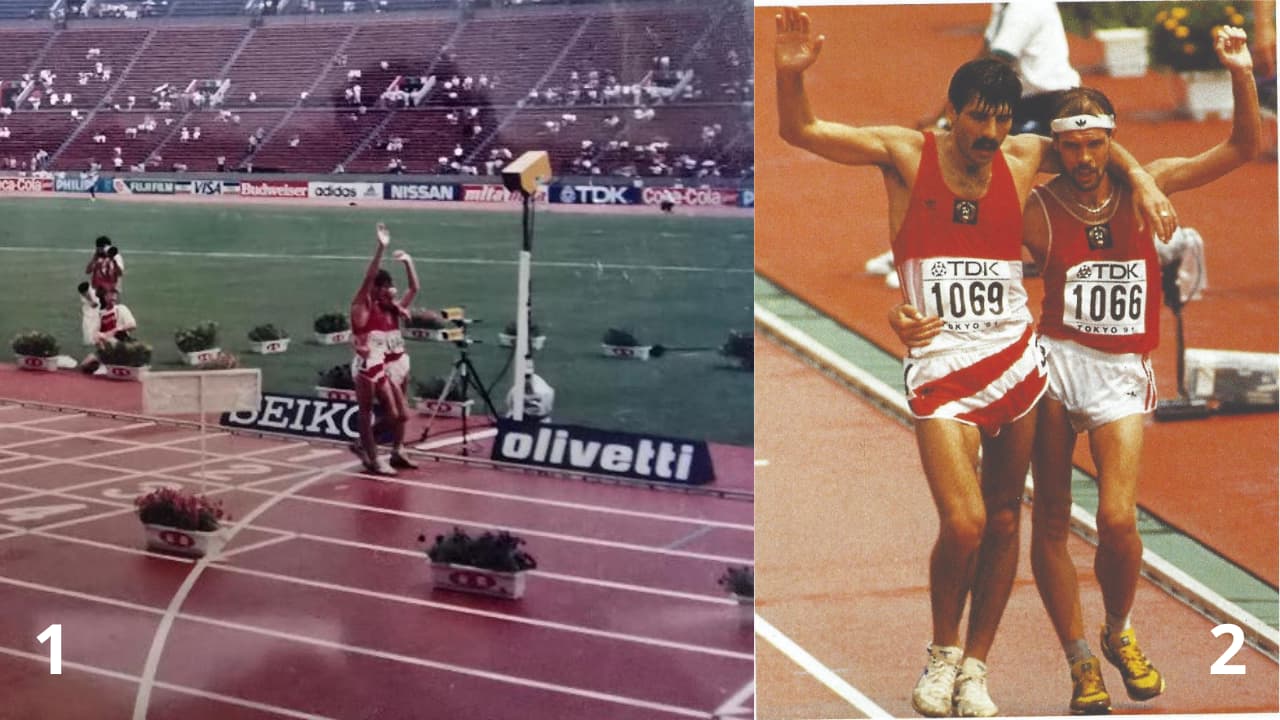 Imagem dos então 2 soviéticos unidos na linha de chegada em Tóquio 1991.