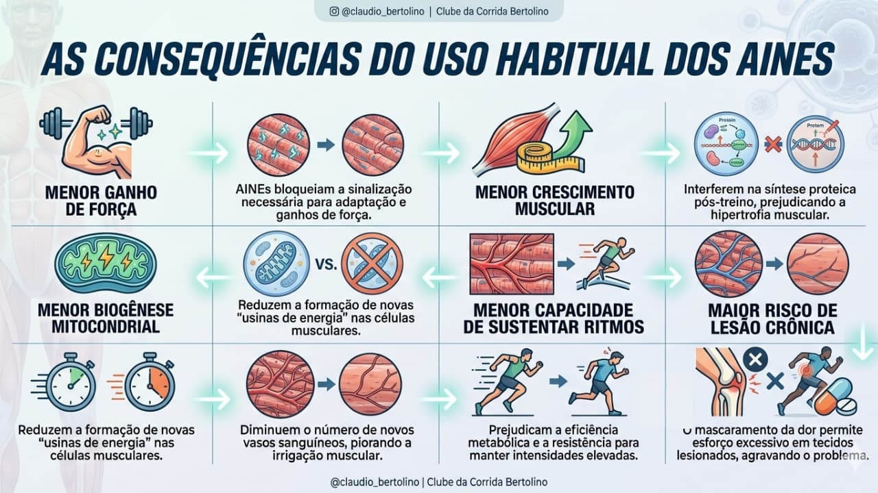 Infográfico detalhando como o uso frequente de anti-inflamatórios (AINEs) prejudica a evolução do atleta: menor ganho de força, menor crescimento muscular, redução da biogênese mitocondrial e da angiogênese, além de aumentar o risco de lesões crônicas.