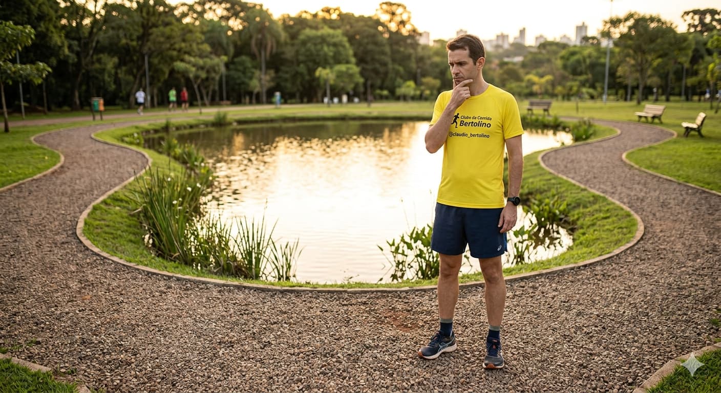Imagem realista de um corredor vestindo camiseta amarela do Clube da Corrida Bertolino, com expressão pensativa e a mão no queixo. Ele está parado em frente a um pequeno lago circular com uma pista de pedrisco ao redor, em um parque ao entardecer.