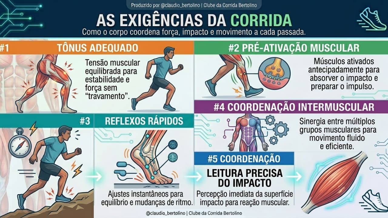 Infográfico dos pilares biomecânicos da corrida: tônus muscular adequado para estabilidade, pré-ativação muscular para absorção de impacto, reflexos rápidos, coordenação intermuscular e a capacidade do corpo de realizar uma leitura precisa do impacto a cada passada.