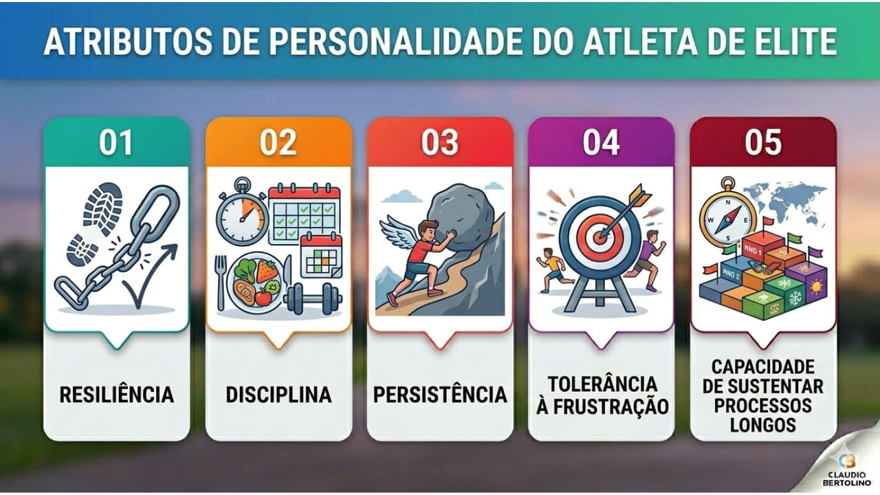 Infográfico dos principais atributos de personalidade de um atleta de elite, como resiliência, disciplina, persistência, foco e capacidade de sustentar processos longos.