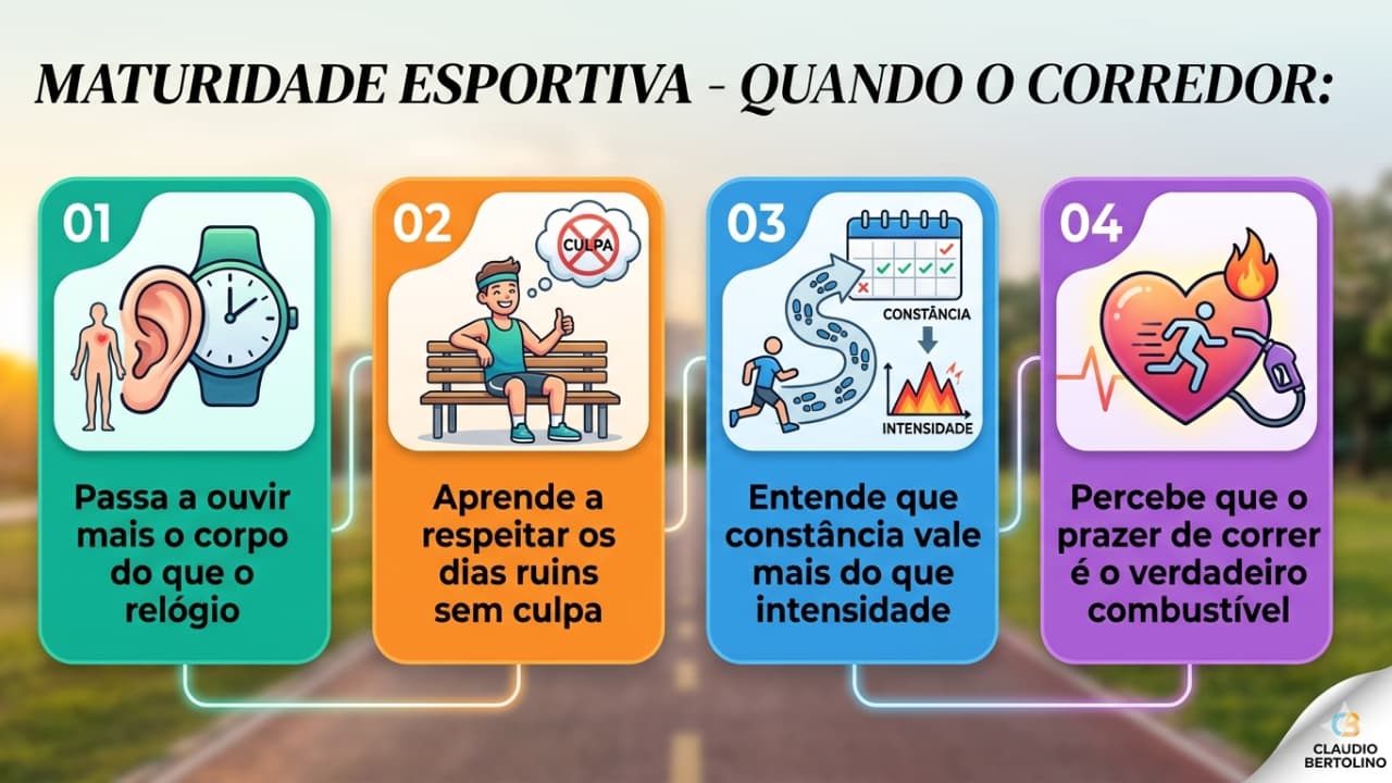 infografico-maturidade-esportiva-corredor.jpg • Alt Text: Infográfico sobre os quatro pilares da maturidade esportiva na corrida: ouvir o corpo, respeitar dias ruins, constância versus intensidade e prazer como combustível.