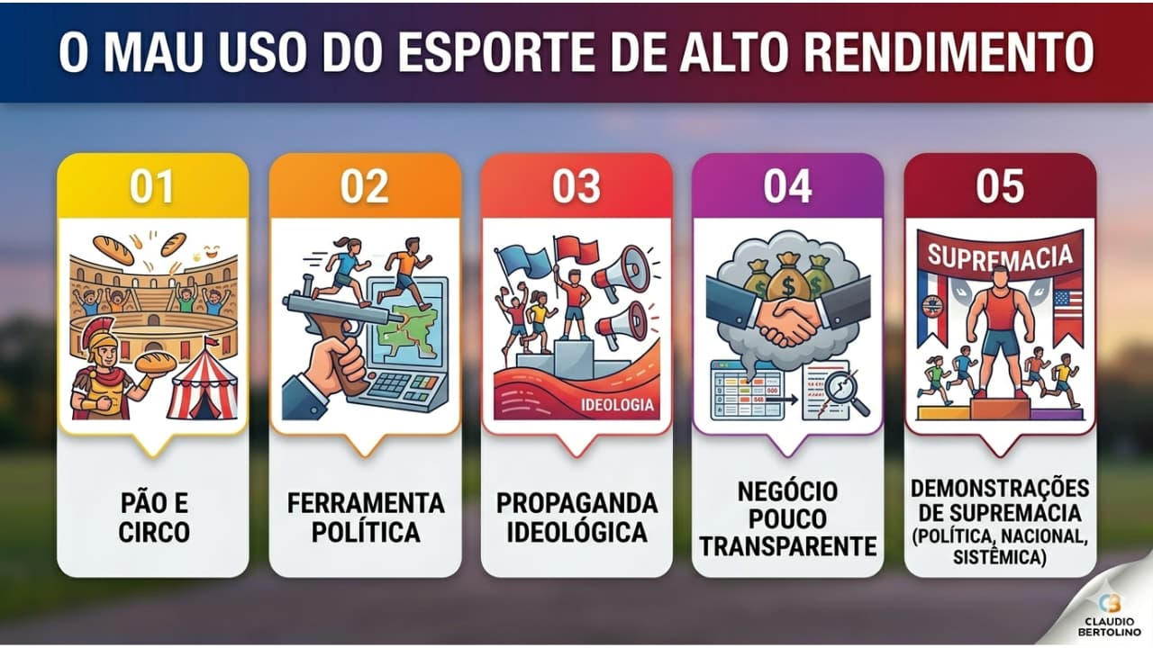 Infográfico dos riscos do mau uso do esporte de alto rendimento: pão e circo, ferramentas políticas, propaganda ideológica e demonstrações de supremacia.