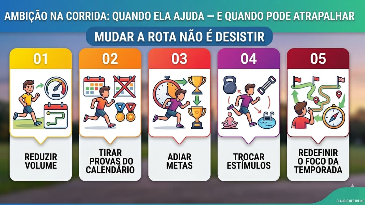 Infográfico com estratégias para corredores: reduzir volume, tirar provas do calendário, adiar metas, trocar estímulos e redefinir o foco da temporada para evitar a desistência.