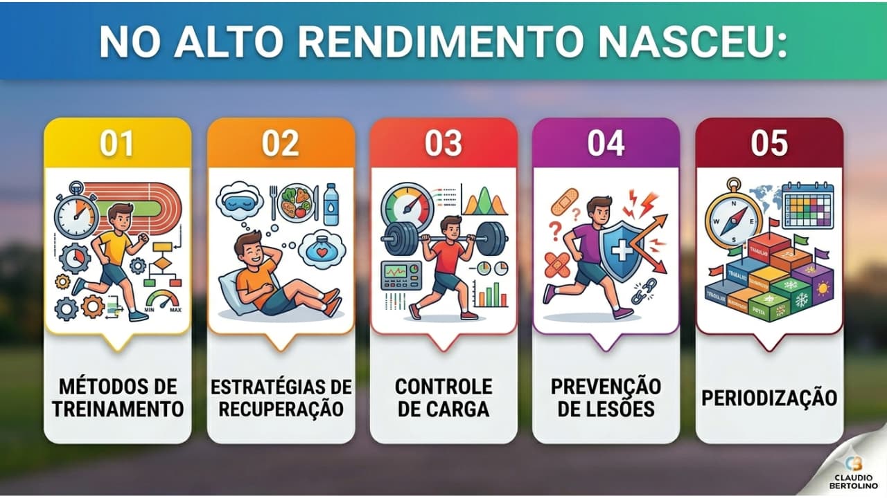 Infográfico dos avanços científicos e técnicos originados no alto rendimento: métodos de treinamento, recuperação, controle de carga, prevenção de lesões e periodização.