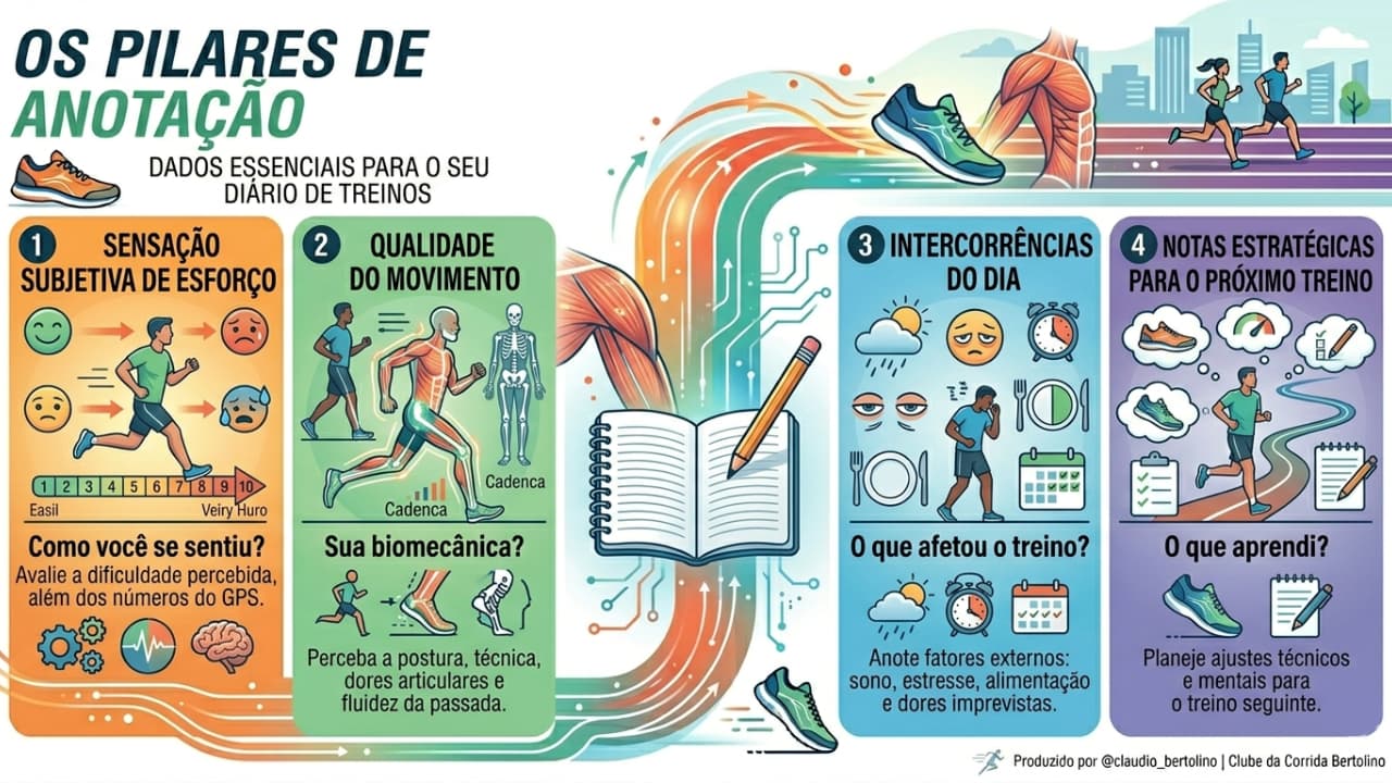 Infográfico explicativo sobre o que anotar no diário de treinos, destacando os quatro pilares: sensação subjetiva de esforço, qualidade do movimento, intercorrências do dia e notas estratégicas para o próximo treino.