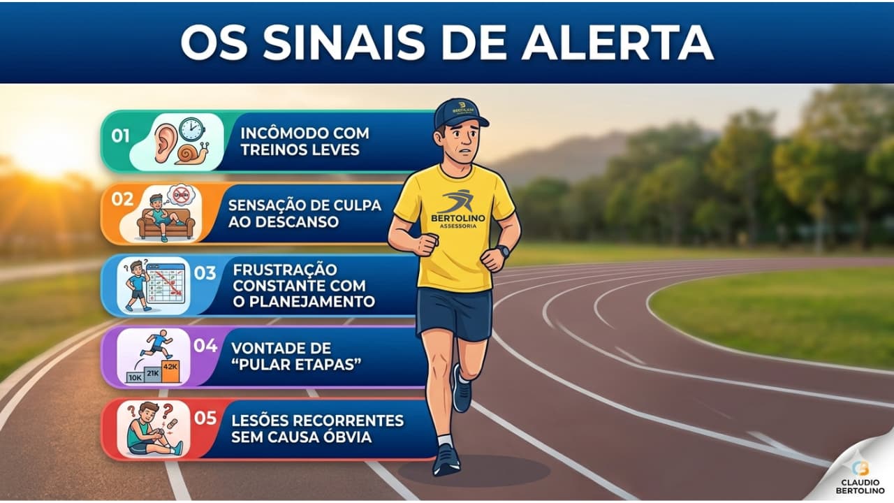Infográfico 5 sinais de alerta da ambição excessiva na corrida: incômodo com treinos leves, culpa ao descansar, frustração com planejamento, pular etapas e lesões recorrentes.