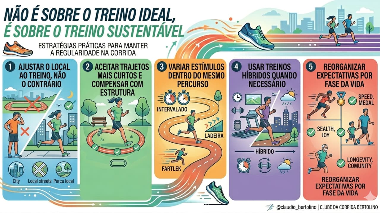 Infográfico com o título "Não é sobre o treino ideal, é sobre o treino sustentável". Apresenta 5 pilares: adaptar o local ao treino, aceitar trajetos curtos, variar estímulos no mesmo percurso, usar treinos híbridos e ajustar expectativas conforme a fase da vida.