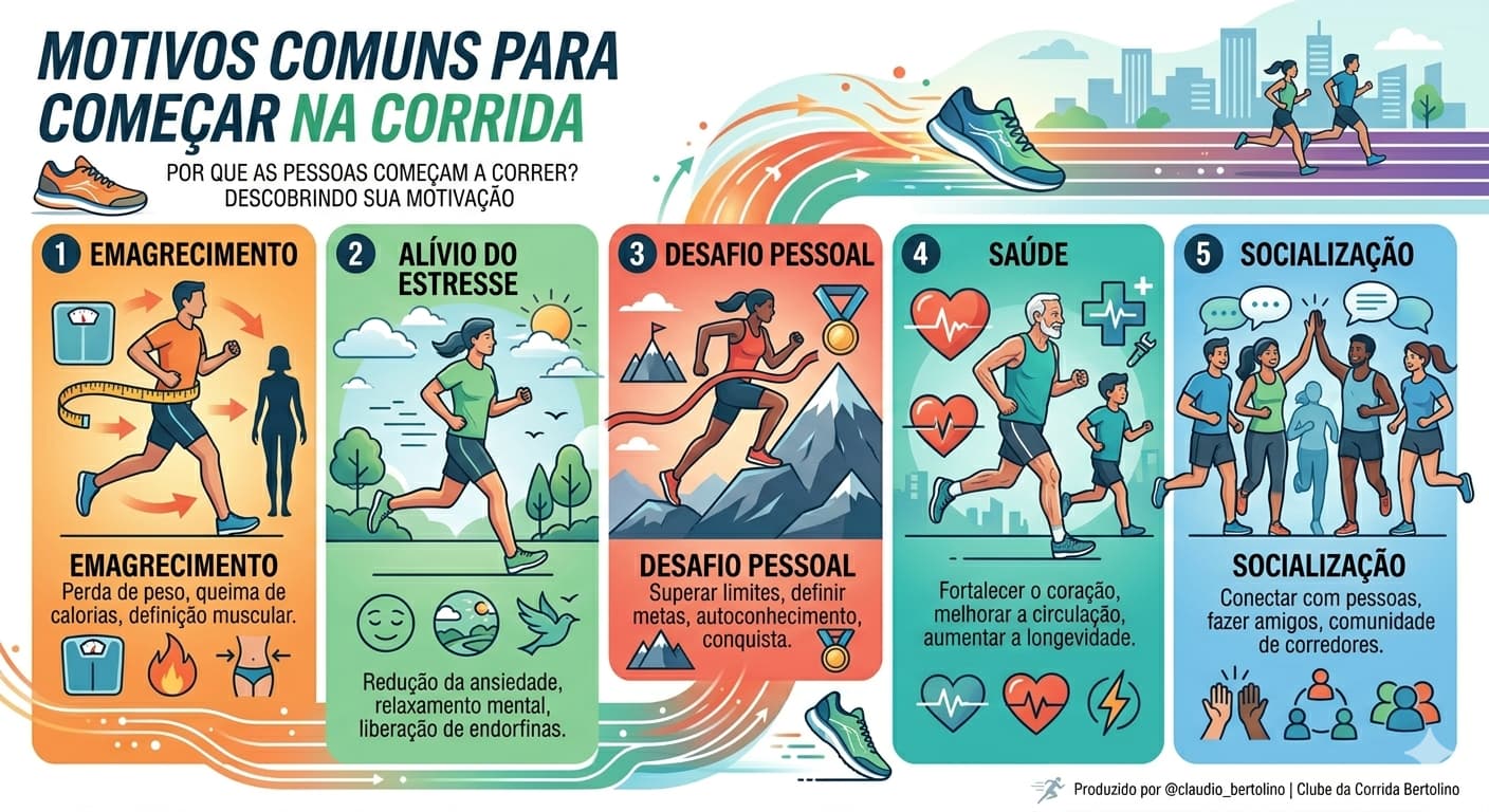 Infográfico apresentando as 5 motivações principais para quem começa a correr: emagrecimento, alívio do estresse, desafio pessoal, saúde e socialização, com ícones e breves explicações para cada um.