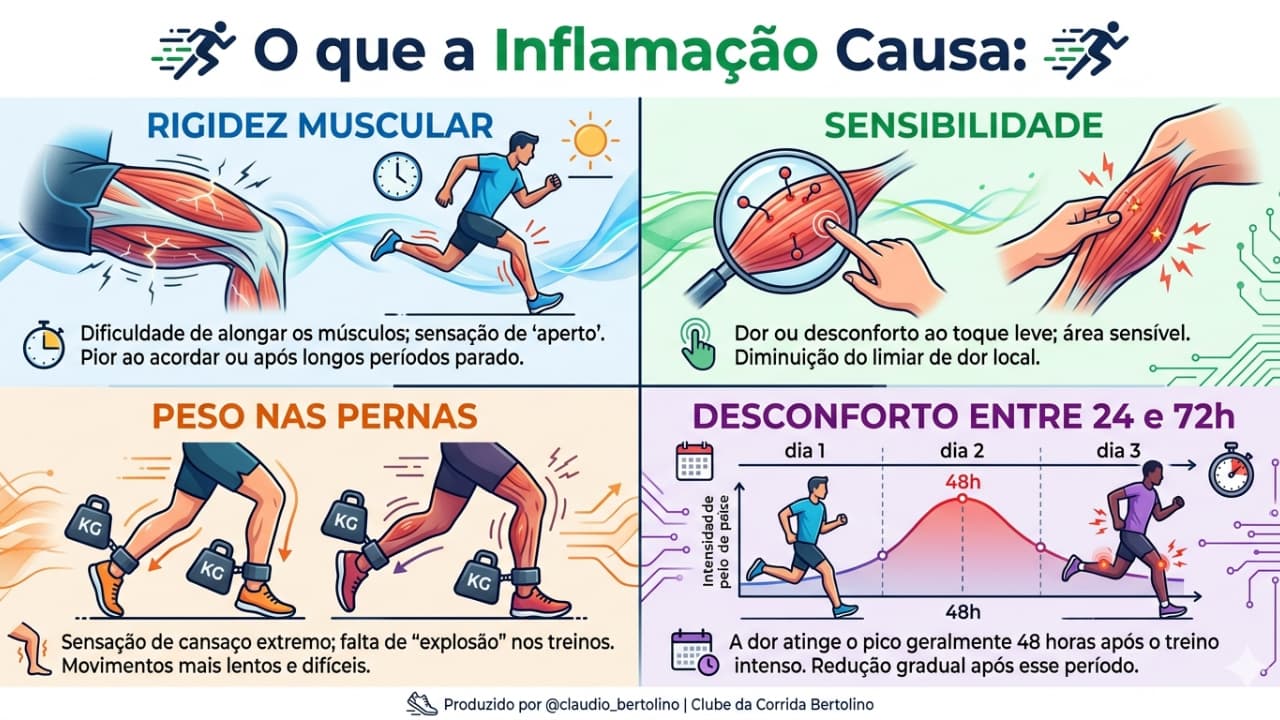 Infográfico sobre os efeitos da inflamação natural no corredor: rigidez muscular, sensibilidade ao toque, sensação de peso nas pernas e o pico de desconforto entre 24 e 72 horas após o treino.