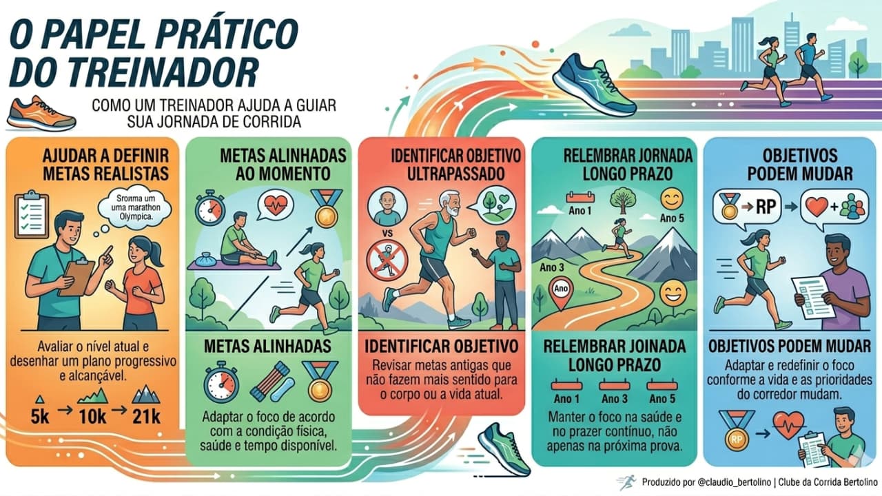 Infográfico detalhando como o treinador atua na jornada do corredor, auxiliando na definição de metas realistas, identificação de objetivos ultrapassados e na tradução de propósitos emocionais em estratégias técnicas de treino.
