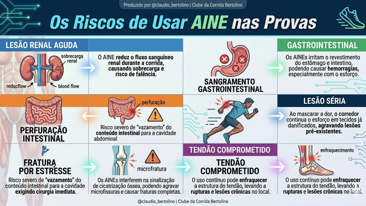 Infográfico sobre os riscos de utilizar AINEs durante competições: lesão renal aguda, sangramentos e perfurações gastrointestinais, fraturas por estresse e comprometimento dos tendões.