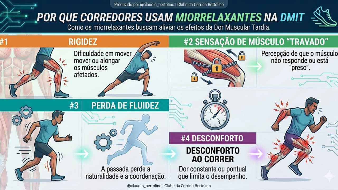 Infográfico dos motivos que levam corredores a buscar relaxantes musculares após treinos intensos: alívio da rigidez, combate à sensação de músculo "travado", recuperação da fluidez de movimento e redução do desconforto ao correr.