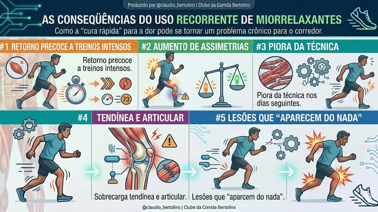 Infográfico de alerta sobre os perigos do uso frequente de relaxantes musculares por corredores, destacando o retorno precoce a treinos intensos, aumento de assimetrias corporais, piora da técnica de corrida, sobrecarga de tendões e articulações e o surgimento de lesões inesperadas.