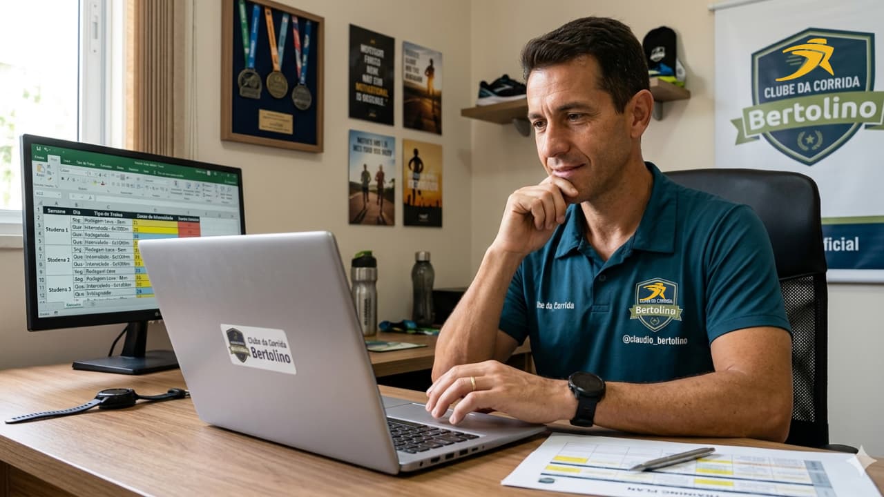 Foto do treinador Claudio Bertolino em seu escritório, focado no notebook enquanto elabora planilhas de treino personalizadas para alunos do Clube da Corrida Bertolino. Ao fundo, medalhas e banners do clube reforçam a autoridade profissional.