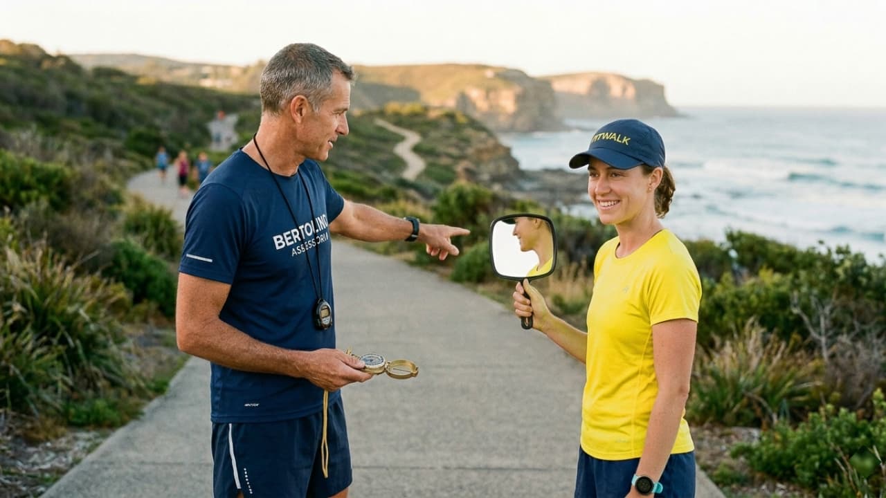 Treinador de corrida orientando corredora com uma bússola enquanto ela se olha no espelho, simbolizando orientação técnica e autoconhecimento.