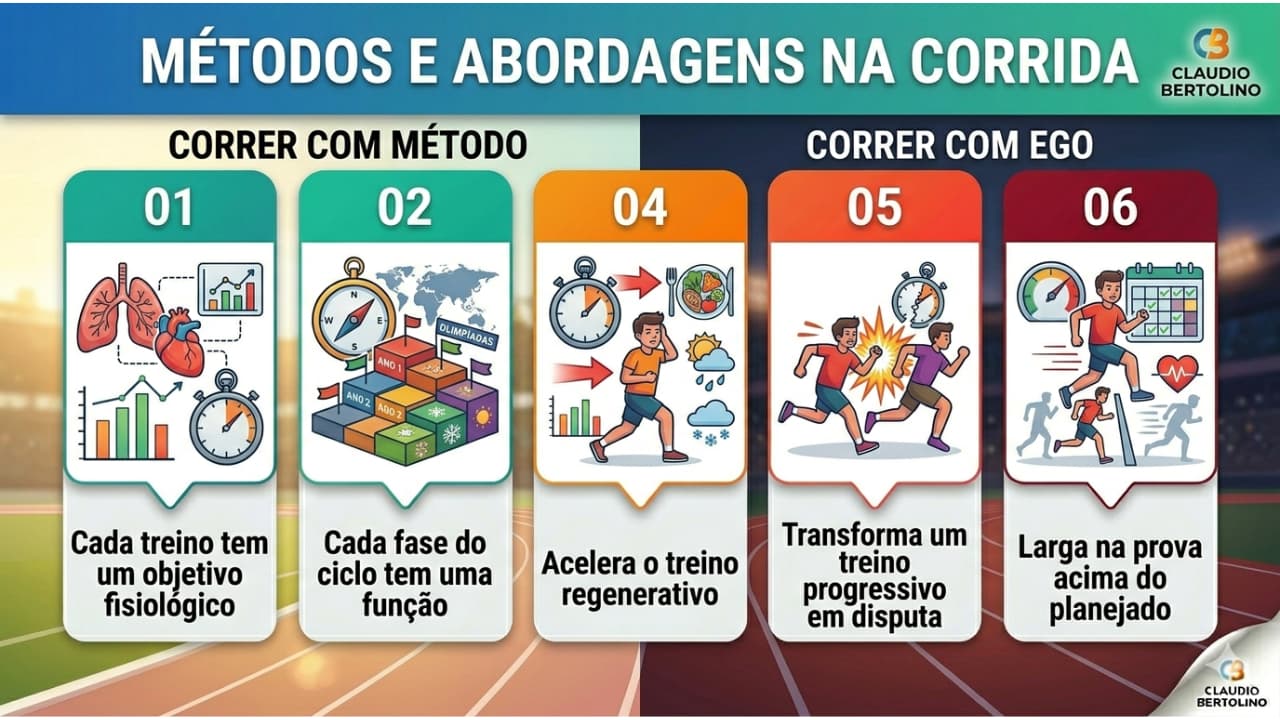 Infográfico comparativo entre correr com método (objetivo fisiológico, ciclos e propósitos) versus correr com ego (acelerar regenerativos, disputar treinos e ignorar planilhas).