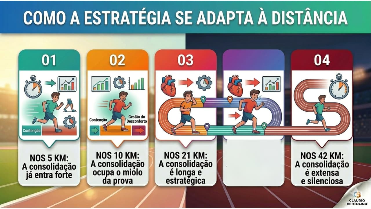 Infográfico explicativo sobre a adaptação da estratégia conforme a distância: nos 5 km a consolidação entra forte; nos 10 km ocupa o miolo; nos 21 km é longa e estratégica; e nos 42 km é extensa e silenciosa.