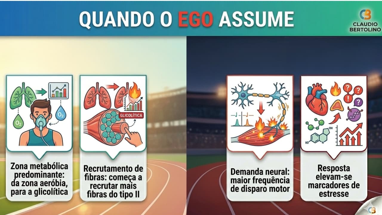 Infográfico 'QUANDO O EGO ASSUME', mudanças fisiológicas negativas na corrida: 1. Zona metabólica predominante da aeróbia para a glicolítica. 2. Recrutamento de fibras musculares começando a recrutar mais fibras do tipo II. 3. Demanda neural com maior frequência de disparo motor. 4. Resposta hormonal com elevação de marcadores de estresse.