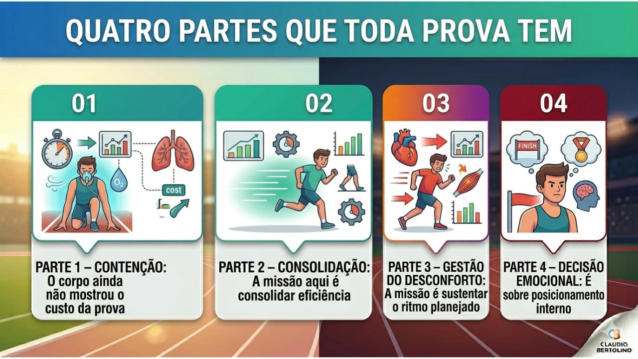 infografico-quatro-partes-de-toda-prova-corrida.jpg • Alt Text: Infográfico 'QUATRO PARTES QUE TODA PROVA TEM', dividido em: 1. Contenção (o corpo ainda não mostrou o custo), 2. Consolidação (missão de consolidar eficiência), 3. Gestão do Desconforto (sustentar o ritmo planejado) e 4. Decisão Emocional (posicionamento interno).