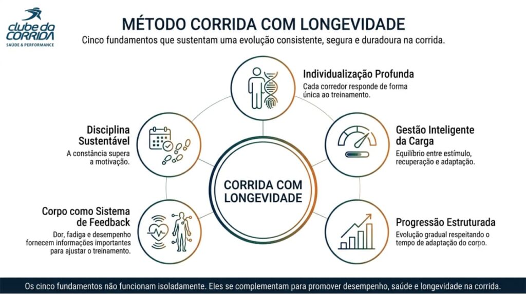 Diagrama com os cinco fundamentos do Método Corrida com Longevidade: Individualização Profunda, Gestão Inteligente da Carga, Progressão Estruturada, Corpo como Sistema de Feedback e Disciplina Sustentável.