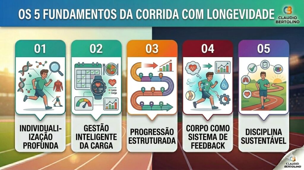 Infográfico OS 5 FUNDAMENTOS DA CORRIDA COM LONGEVIDADE. Individualização Profunda, Gestão Inteligente da Carga, Progressão Estruturada, Corpo como Sistema de Feedback, Disciplina Sustentável.