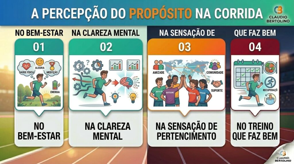 Infográfico sobre A PERCEPÇÃO DO PROPÓSITO NA CORRIDA destacando Bem-Estar, Clareza Mental, Sensação de Pertencimento e Treino que Faz Bem.