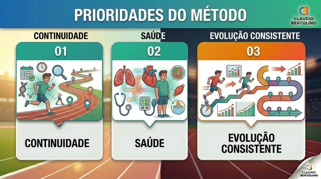 Infográfico PRIORIDADES DO MÉTODO. 1. Continuidade, 2. Saúde, 3. Evolução Consistente.