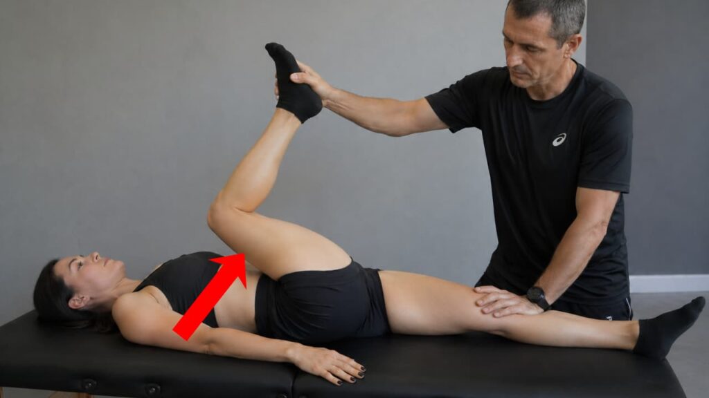 Imagem do alongamento passivo de isquitibiais, eficaz no tratamento da síndrome do trato iliotibial, apontando para o quadríceps da perna alongada.