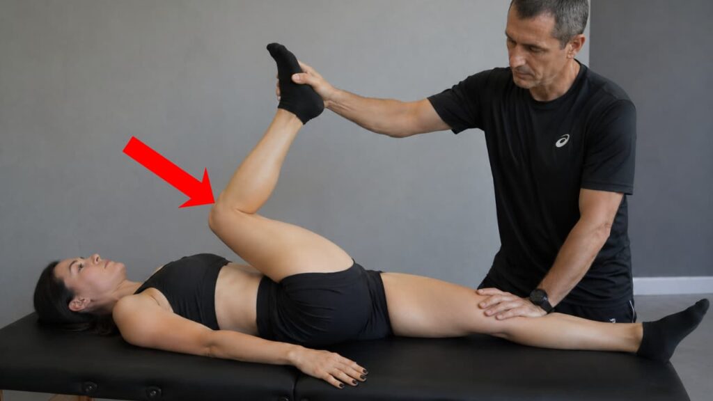 Imagem do alongamento passivo de isquitibiais, eficaz no tratamento da síndrome do trato iliotibial, apontando para o tendão patelar.