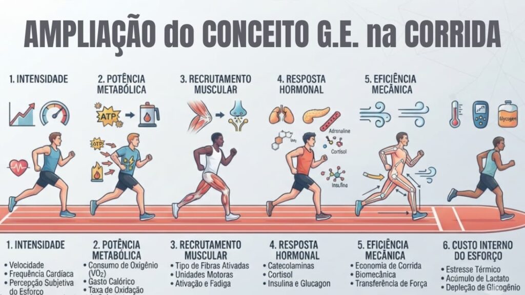 Infográfico "VARIÁVEIS NO CUSTO ENERGÉTICO NA CORRIDA": 1. Intensidade, 2. Potência Metabólica, 3. Recrutamento Muscular, 4. Resposta Hormonal, 5. Eficiência Mecânica e 6. Custo Interno do Esforço.