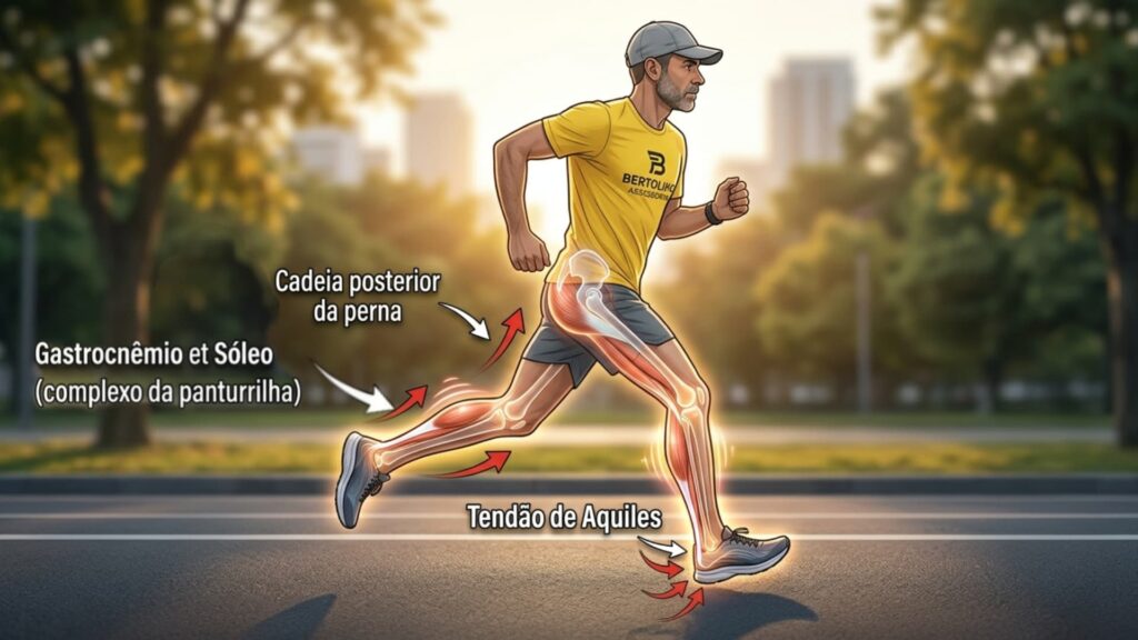 Imagem de um corredor com setas apontando para o tendão de Aquiles, complexo da panturrilha e cadeia posterior da perna; estruturas menos solicitadas conforme o drop do tênis aumenta.